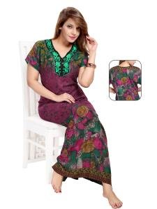 High Quality Alpine Cotton Floral Print Long Nighty - Violet Red